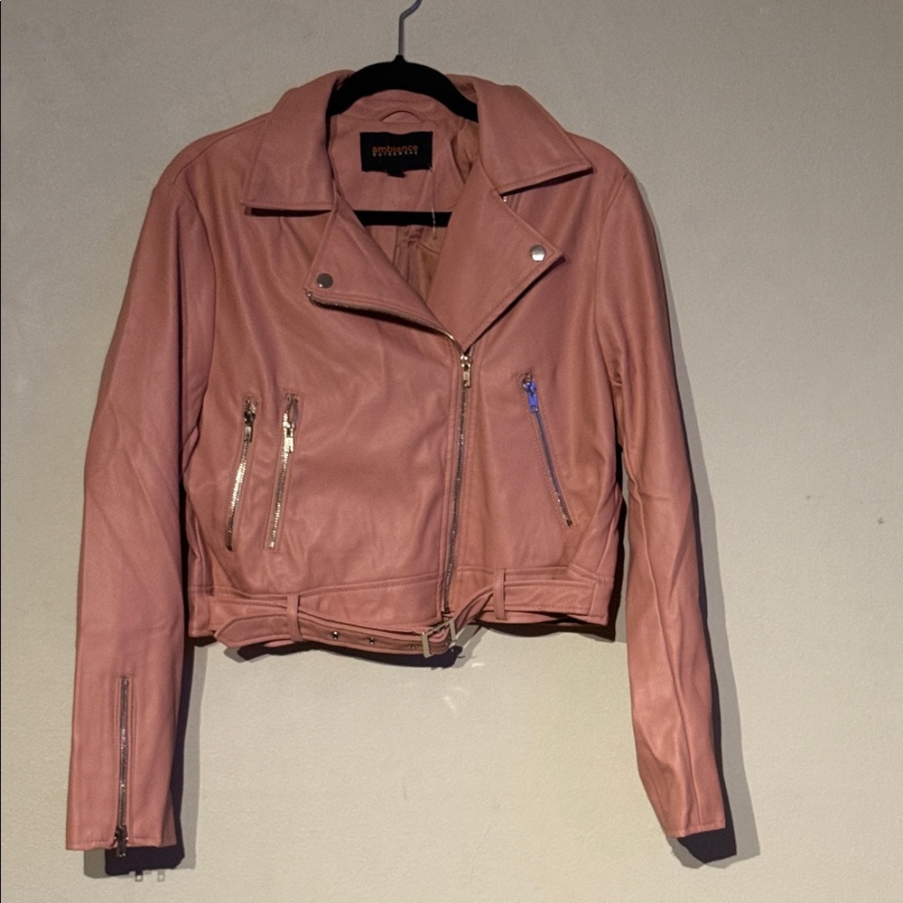 Ambiance Blush Pink Moto Jacket Cropped Faux Leather - Size L